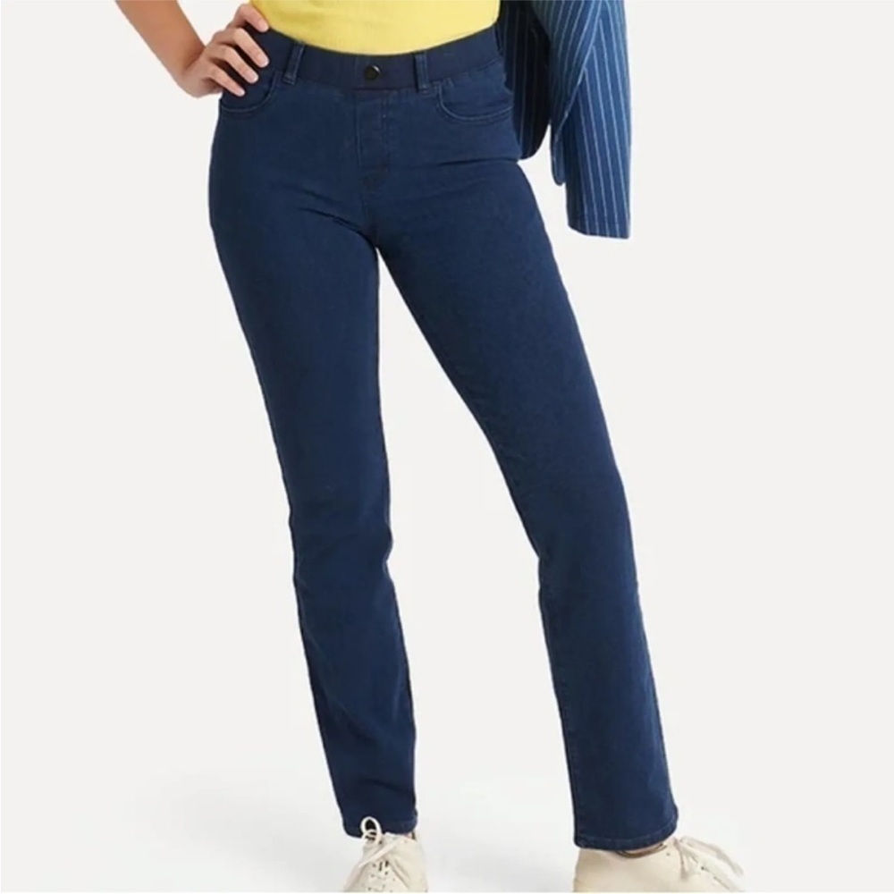 Betabrand straight-leg yoga denim stretch jeans dark indigo Small Petite